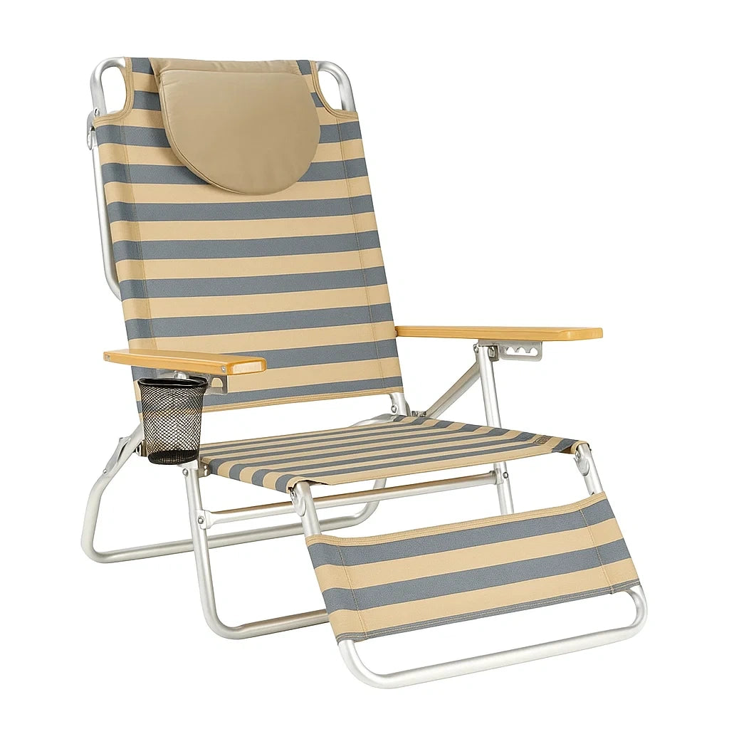 Aluminium Klappstuhl mit Fußablage und Getränkehalter, Beige/Grau gestreift