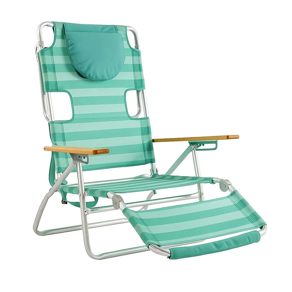 Verstellbarer Strandstuhl mit Aluminiumrahmen und Holzarmlehnen Grün Gestreift