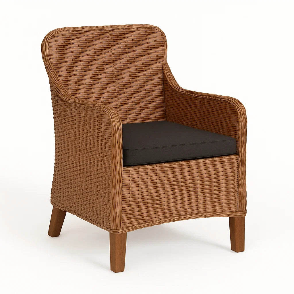 Rattan Sessel mit Eukalyptusholzbeinen, Braun/Schwarz