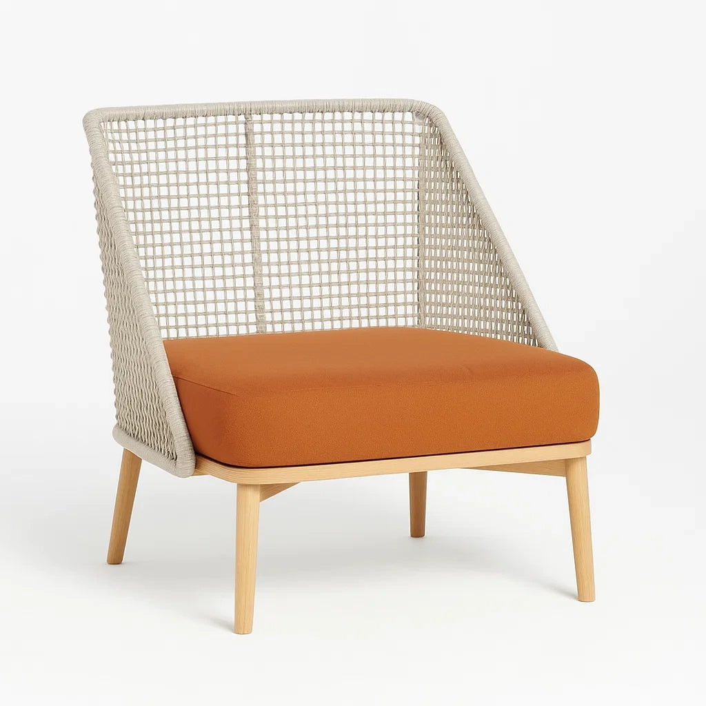 Sessel aus synthetischem Seil mit Polyestersitzkissen, Holzbeine, Orange