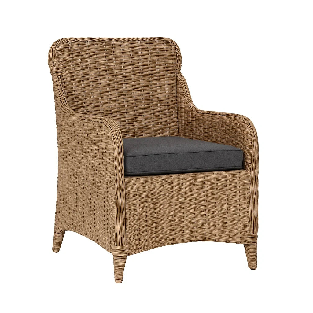Polyrattan-Stuhl mit grauem Polyesterkissen