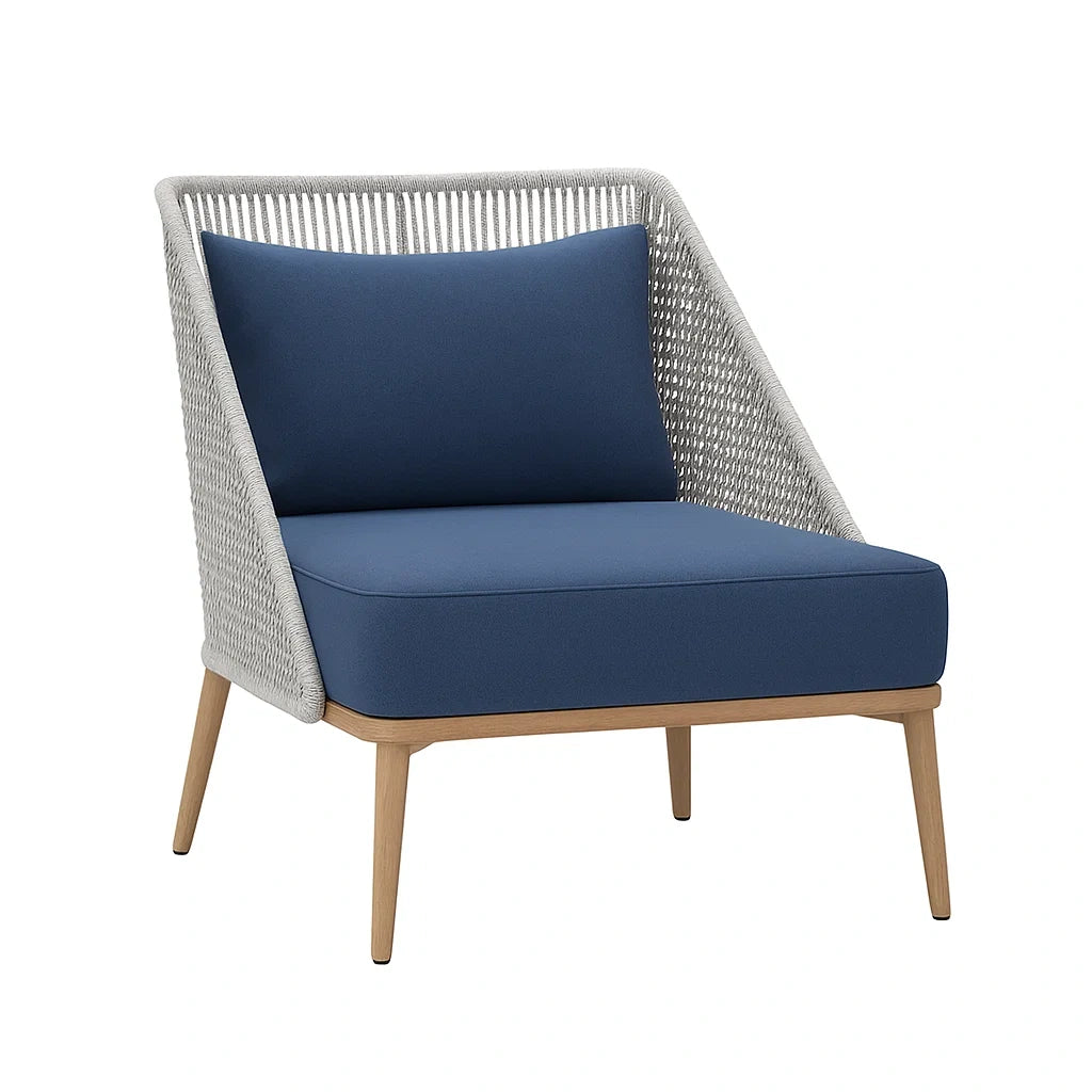 Outdoor Loungesessel aus Holz mit Polypropylen-Seilgeflecht und Polyesterkissen, Grau/Blau