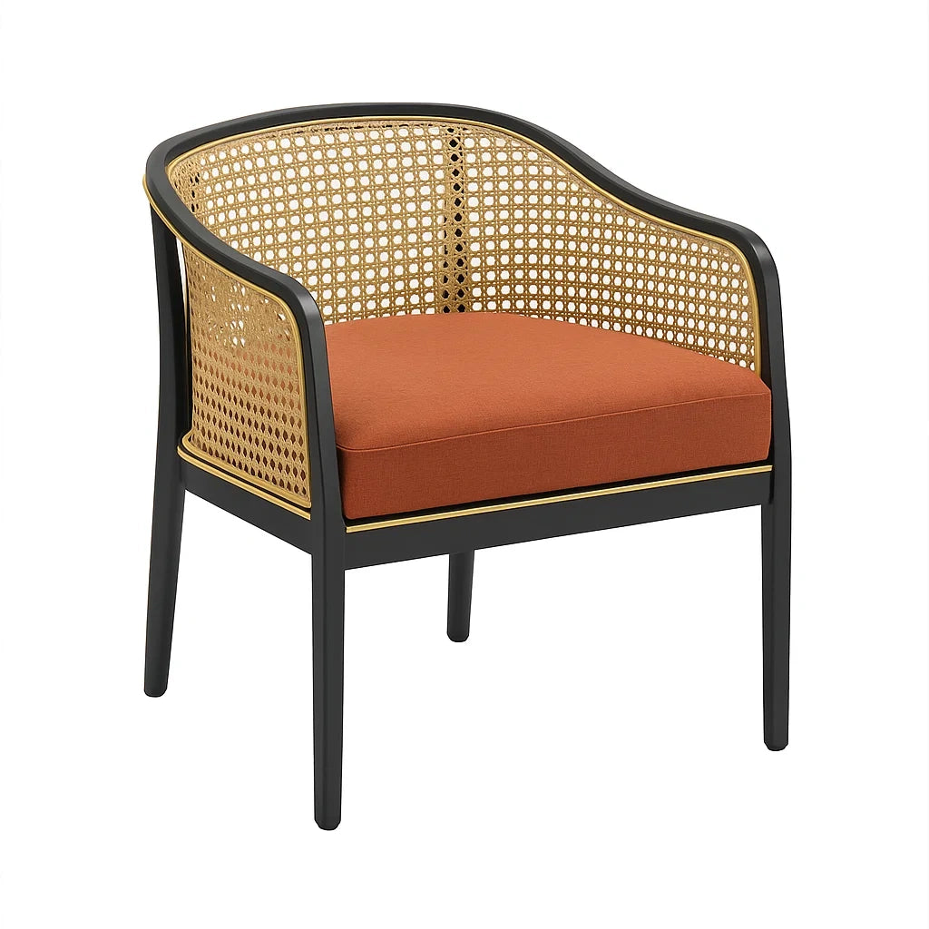 Stuhl aus Holz mit Rattan und Leinen in Schwarz und Orange
